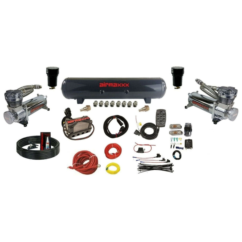 airmaxxx 3/8" Plug & Play Air Ride Kit w/Chrome 480 Compressors & Tank